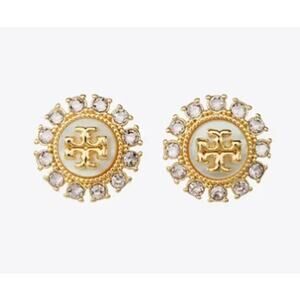NEW Tory Burch KIRA CRYSTAL STUD EARRINGS Gold Mother of Pearl T Logo